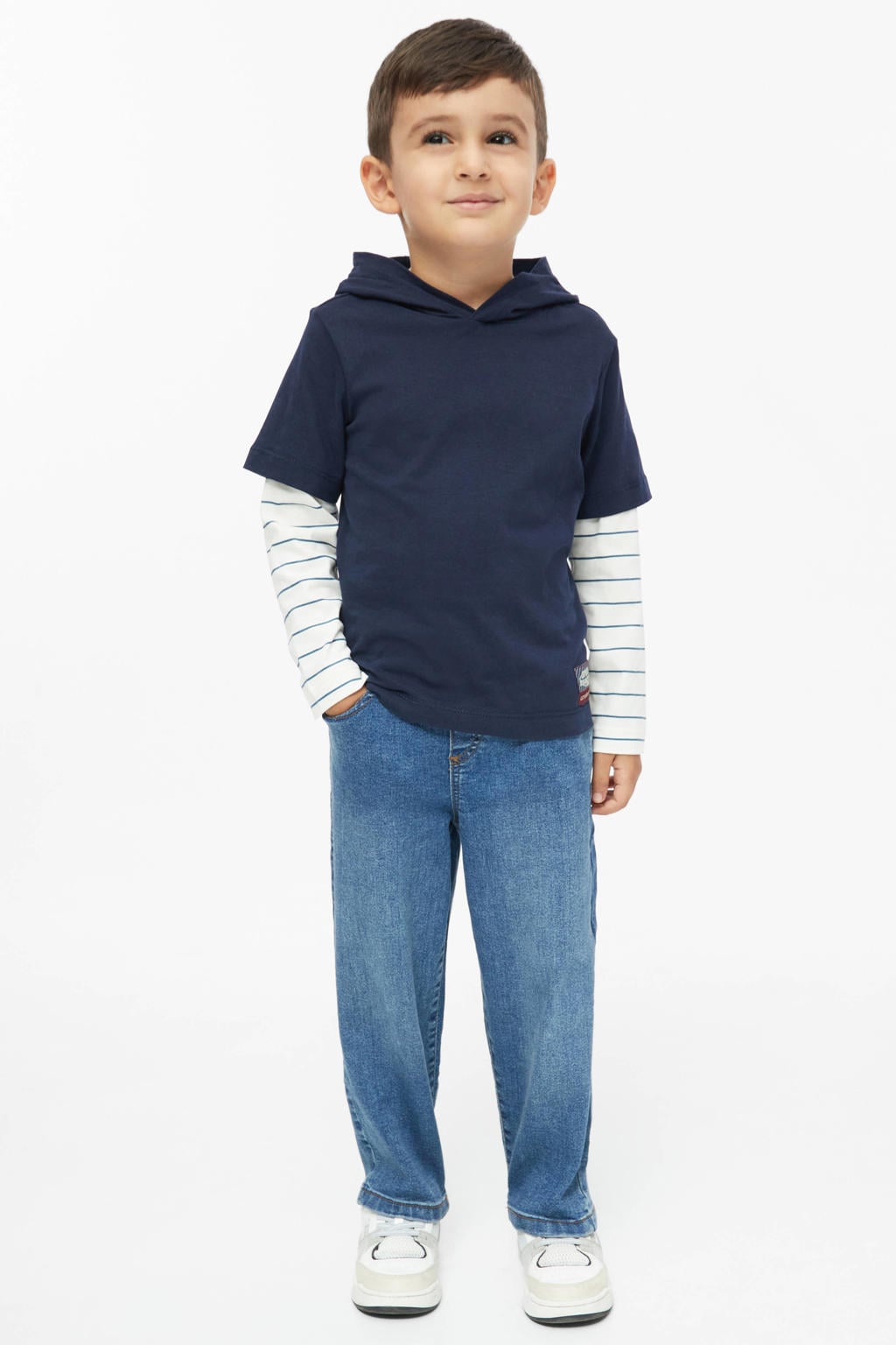 Donkerblauwe jongens s.Oliver longsleeve van katoen met meerkleurige print, lange mouwen en capuchon