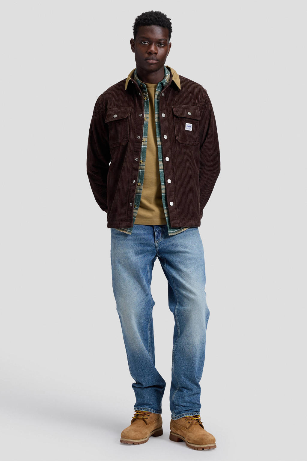 Donkerblauwe heren Lee relaxed fit corduroy overshirt met effen, lange mouwen en drukknoopsluiting