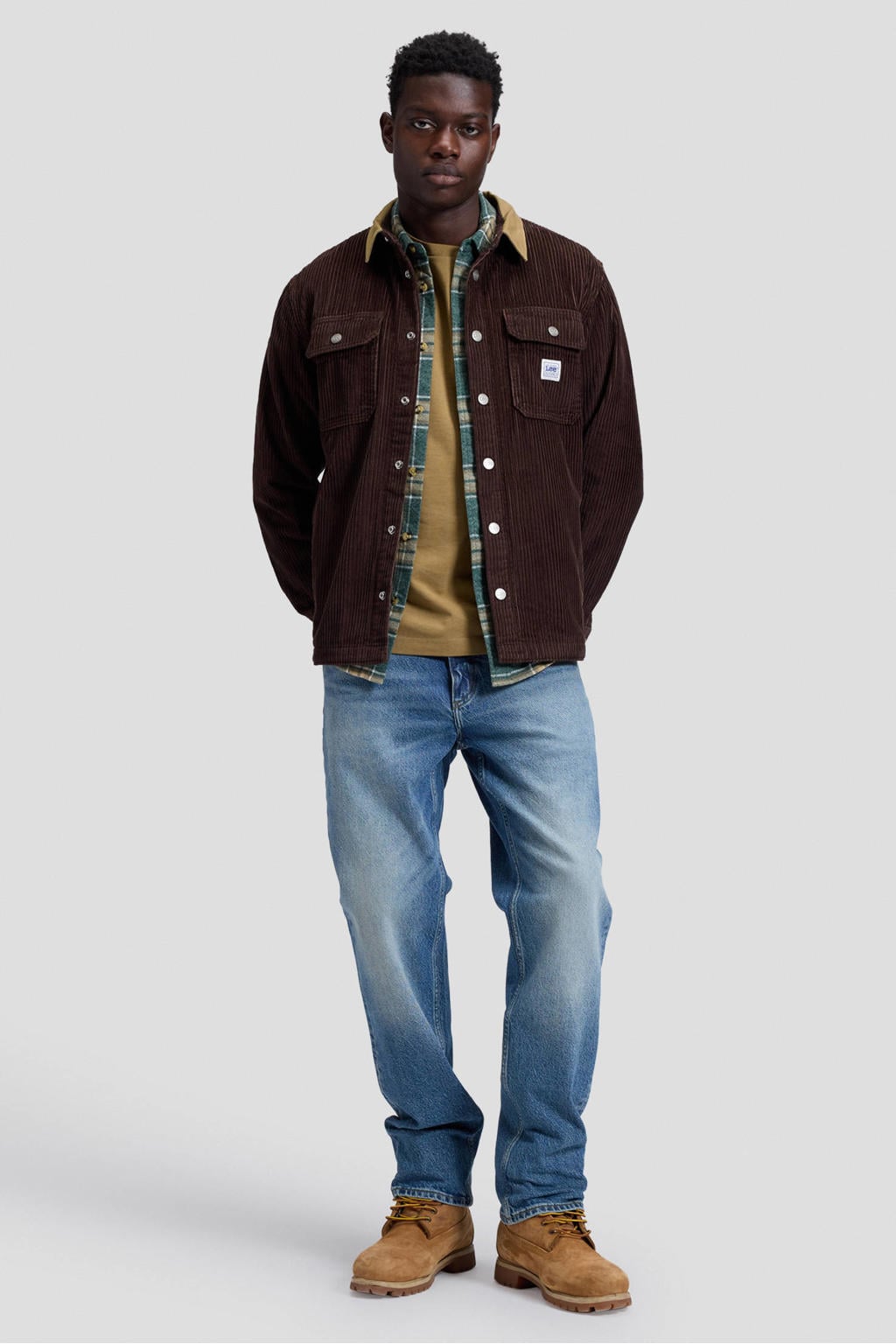Donkerblauwe heren Lee relaxed fit corduroy overshirt met effen, lange mouwen en drukknoopsluiting