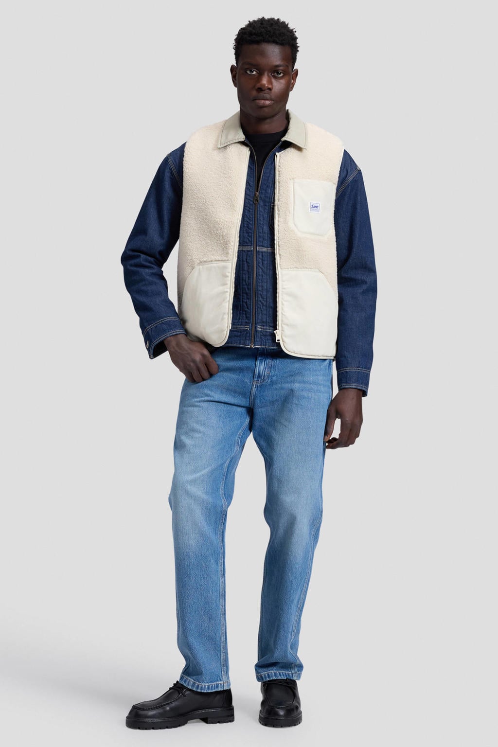 Ecru heren Lee teddy bodywarmer warm met effen, ronde hals en ritssluiting