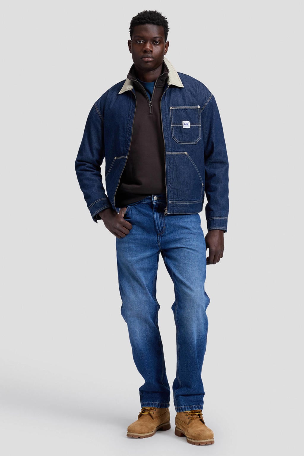 Dark blue denim heren Lee spijkerjas van denim met effen, lange mouwen, ritssluiting en contrast stiksels