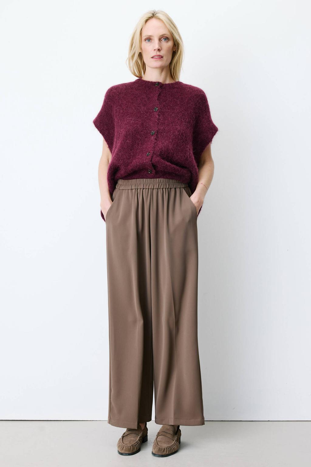 Taupe dames Grace & Mila wide leg casual broek met loose fit en effen