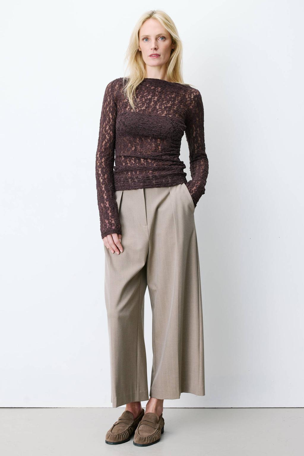 Donkerblauwe dames Grace & Mila semi-transparante kanten top met effen, lange mouwen en boothals