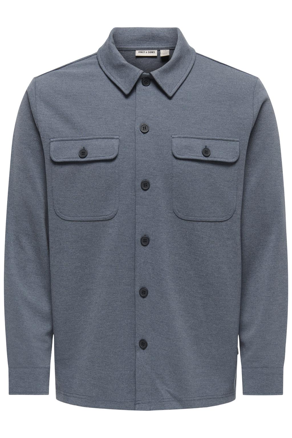 Blauwe heren ONLY & SONS regular fit overshirt van polyester met effen, lange mouwen en klassieke kraag