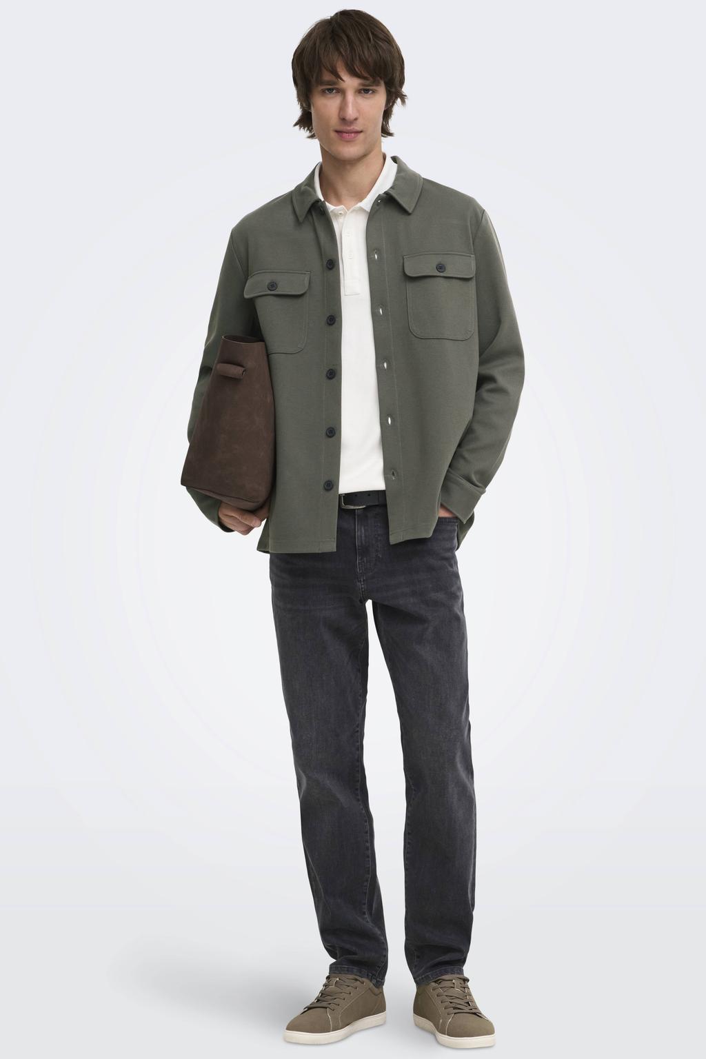 Groene heren ONLY & SONS regular fit overshirt van polyester met effen, lange mouwen en klassieke kraag