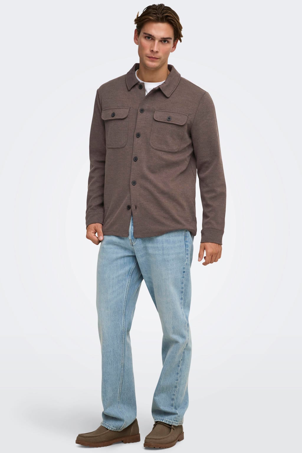Donkerblauwe heren ONLY & SONS regular fit overshirt van polyester met effen, lange mouwen en klassieke kraag