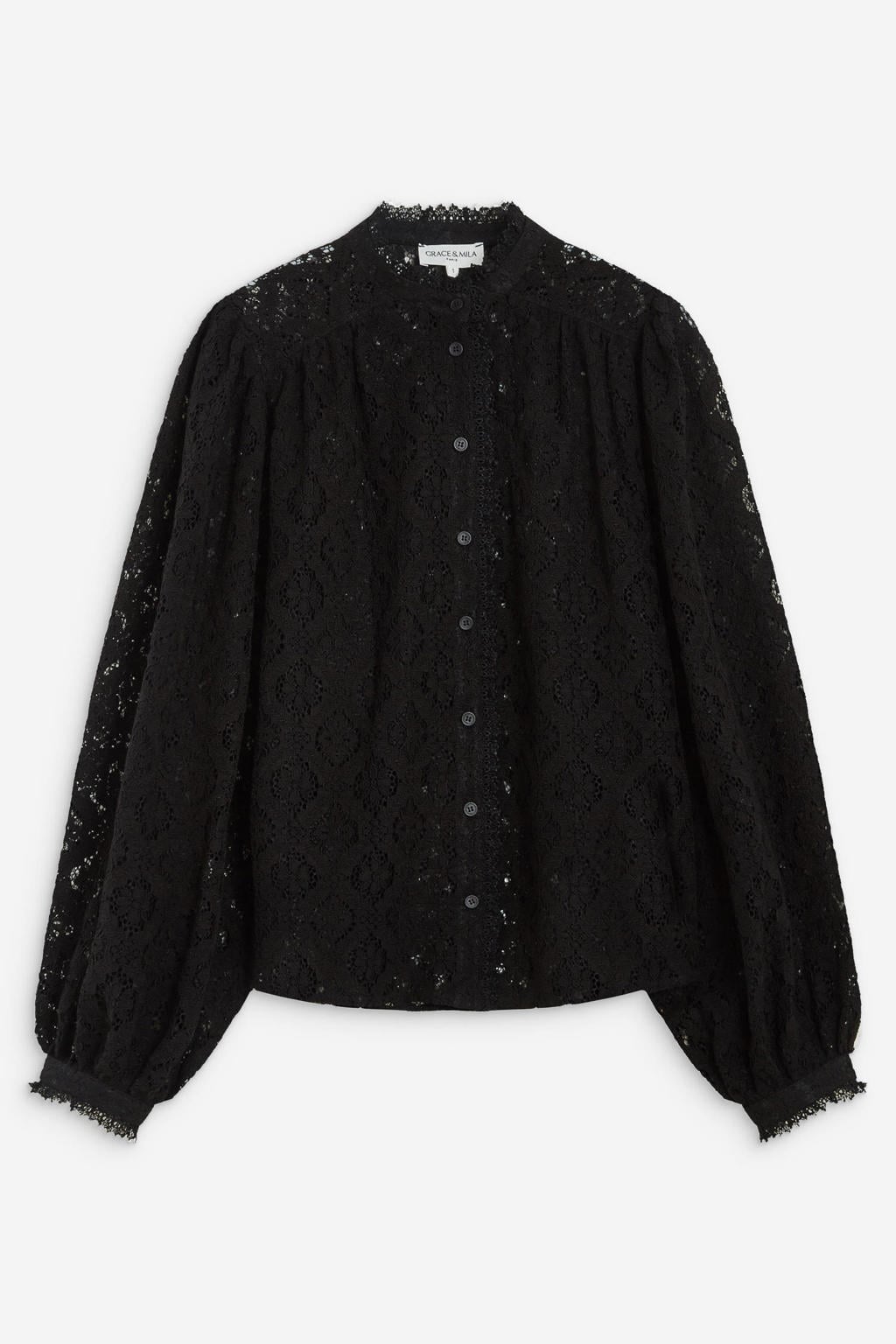 Zwarte dames Grace & Mila blouse van polyamide met lange mouwen, klassieke kraag, knoopsluiting en kant