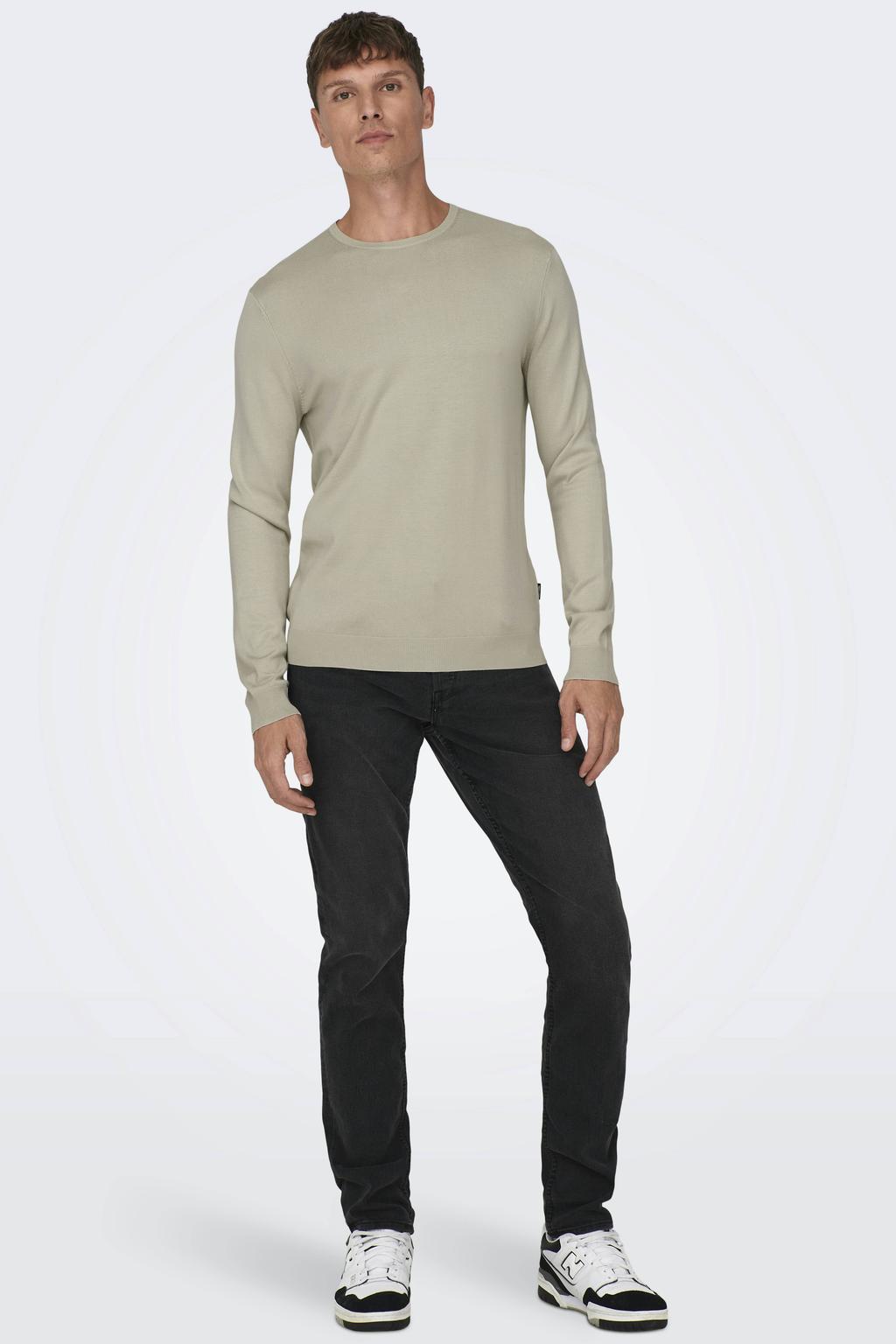 Beige heren ONLY & SONS viscose regular fit gebreide trui met effen, lange mouwen en ronde hals