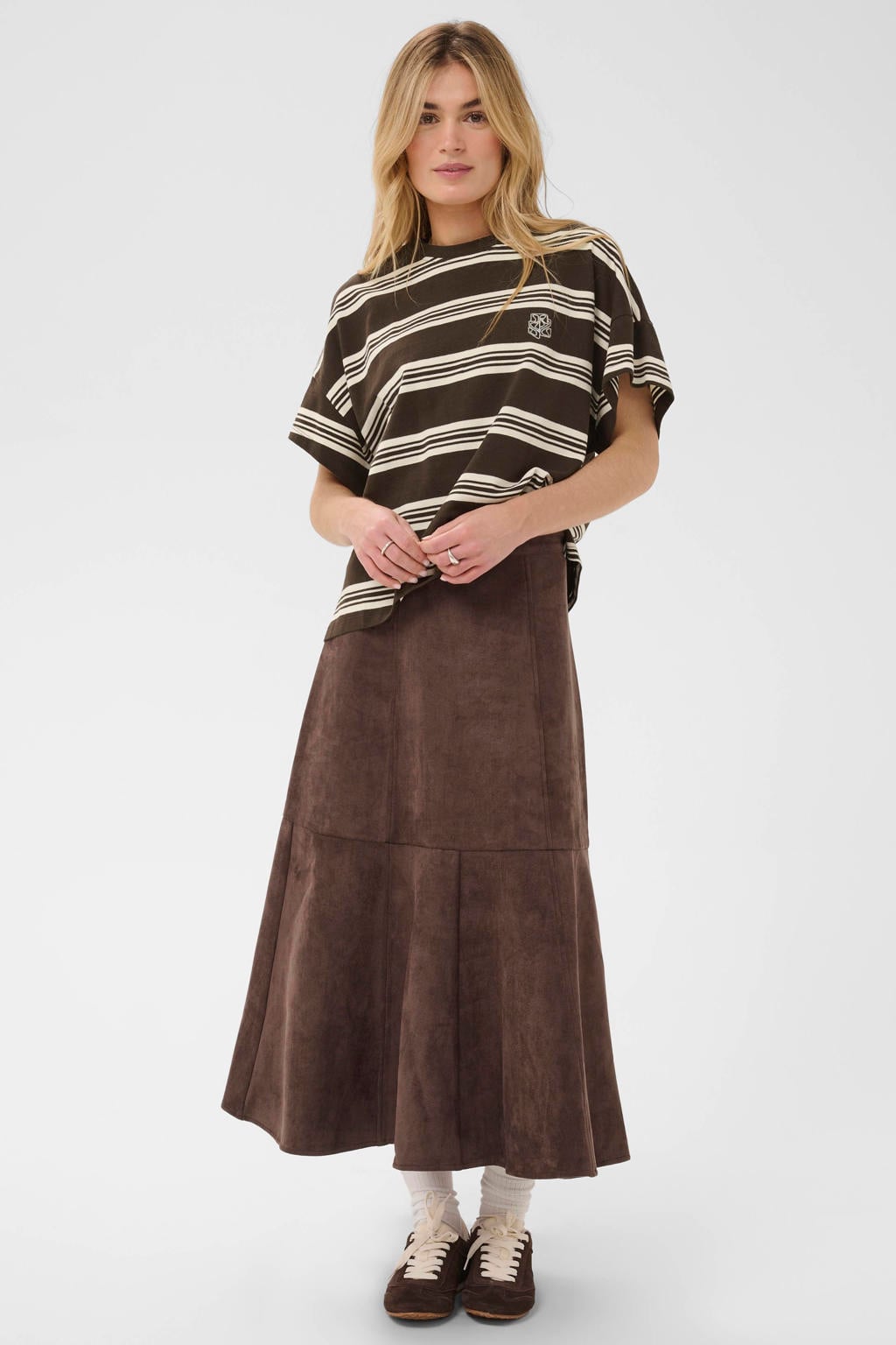Bruin en ecru dames Saint Tropez boxy gestreepte top met korte mouwen en ronde hals