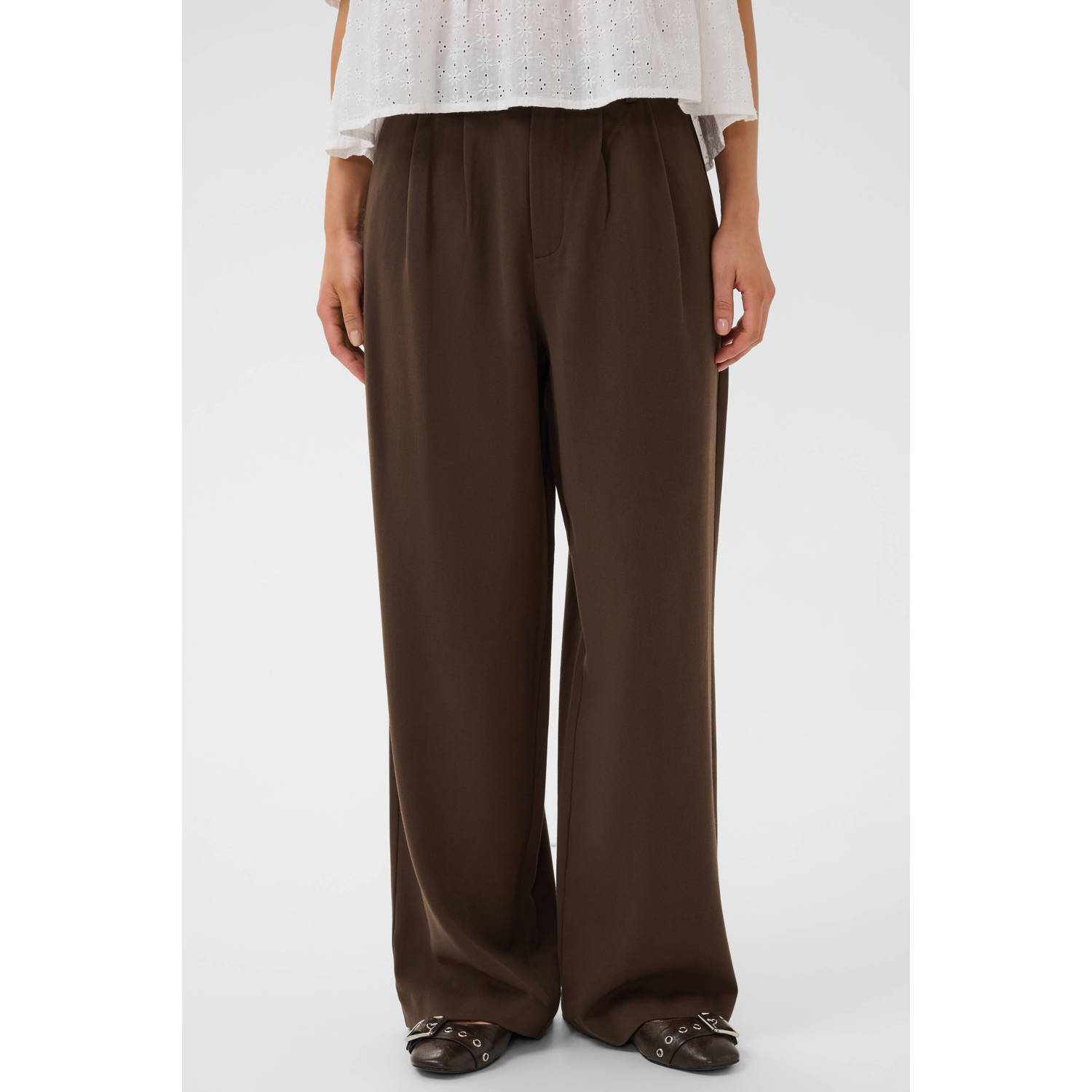Saint Tropez wide leg pantalon met plooien donkerbruin