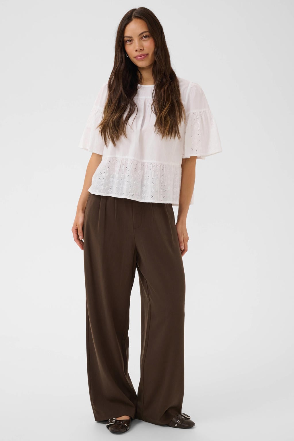 Donkerblauwe dames Saint Tropez wide leg pantalon met rits- en haaksluiting en effen