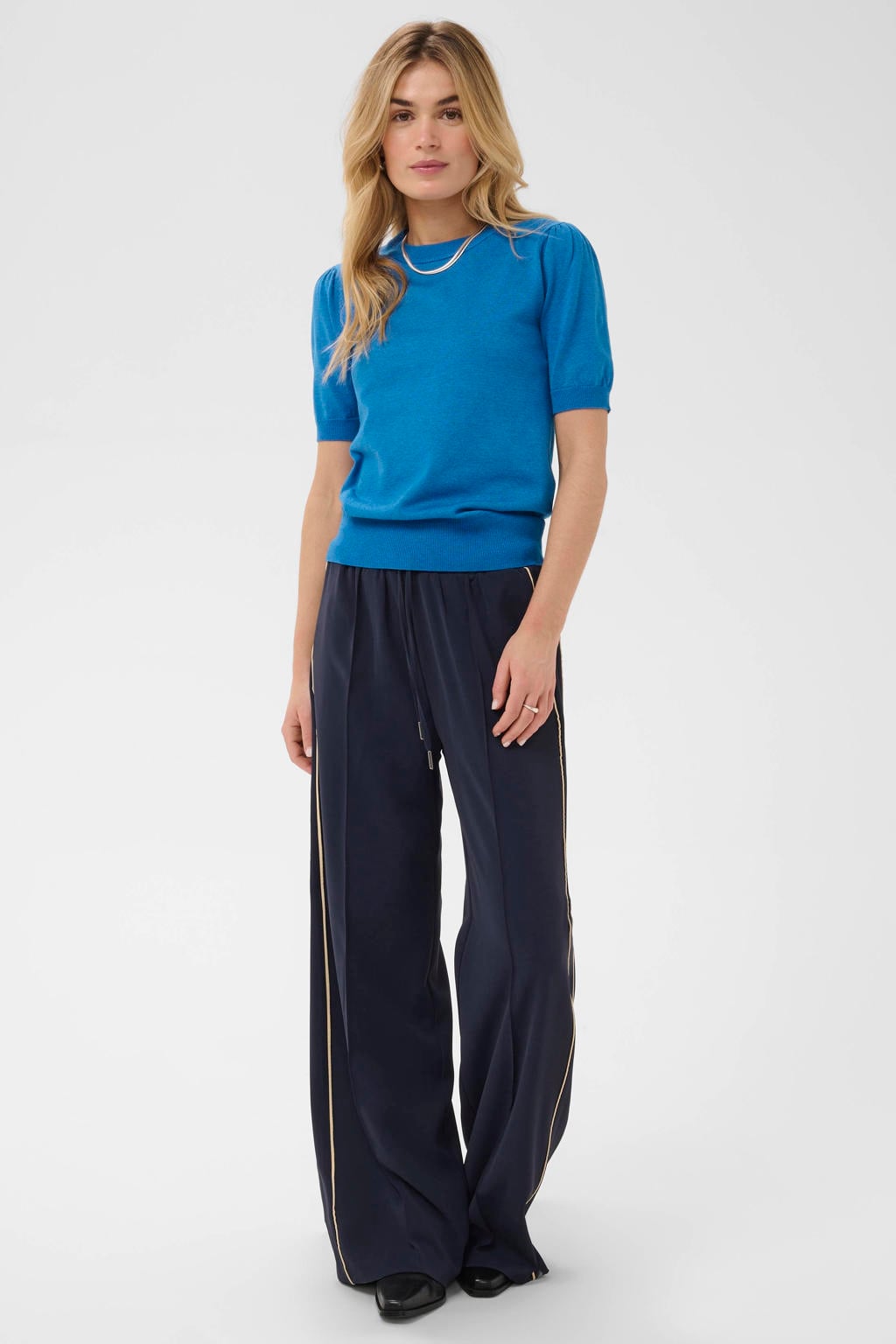 Blauwe dames Saint Tropez gebreide top van viscose met effen, half lange mouwen en ronde hals