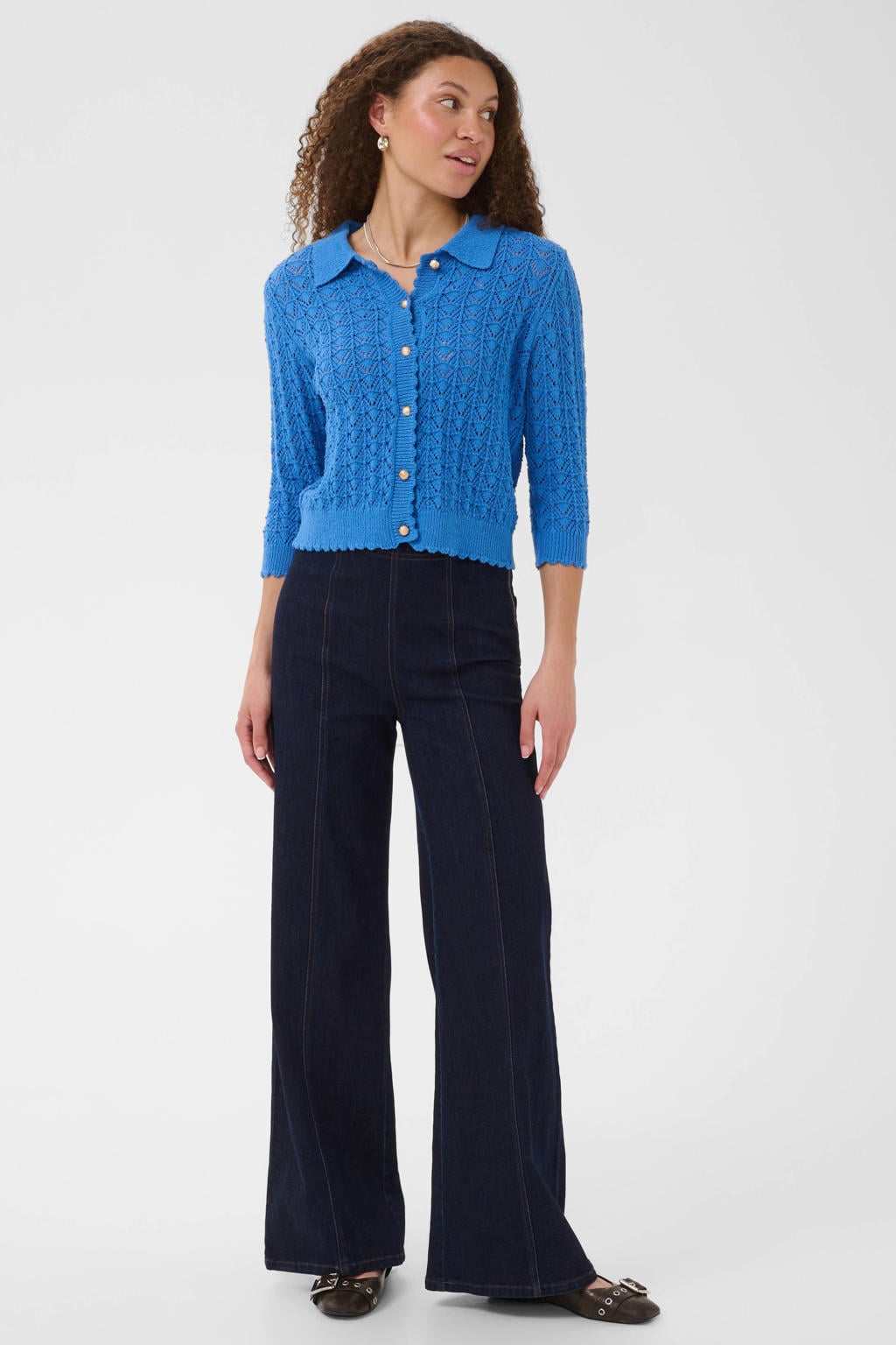 Blauwe dames Saint Tropez van katoen met effen, half lange mouwen, klassieke kraag, knoopsluiting en ingebreid patroon