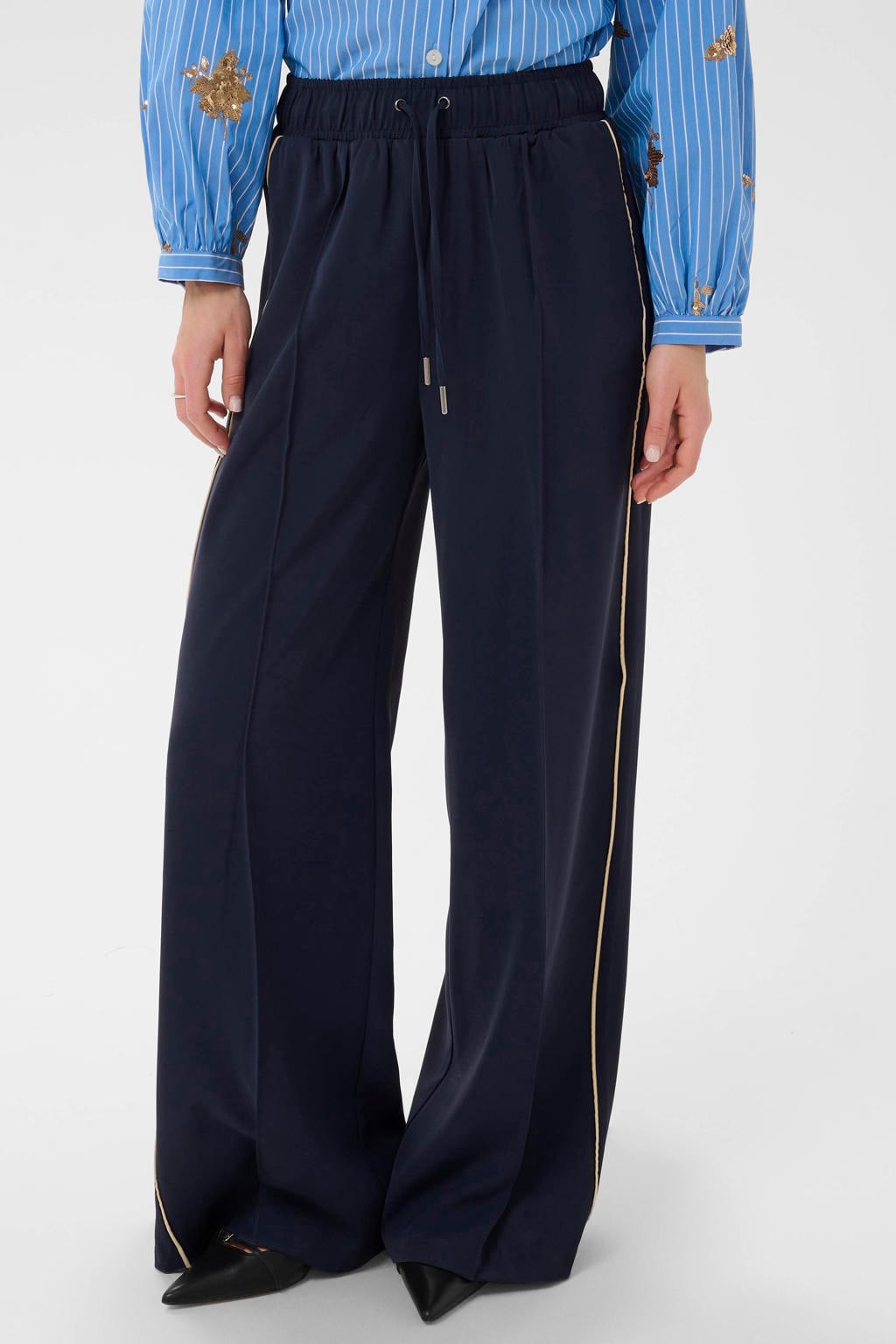 Donkerblauwe dames Saint Tropez van polyester met loose fit, high waist, elastische tailleband met koord en effen