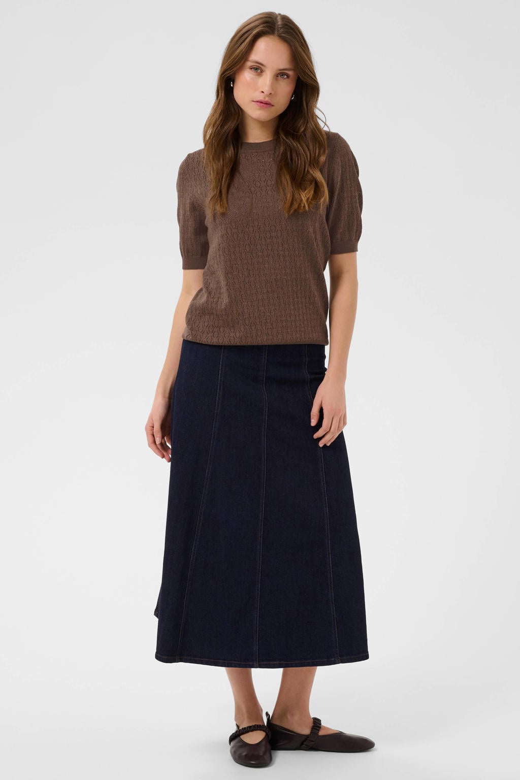 Donkerblauwe dames Saint Tropez van viscose met effen, korte mouwen, ronde hals en geribde boorden