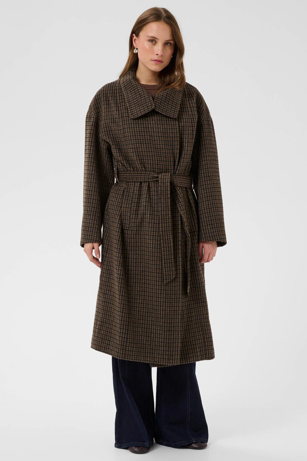 Saint Tropez geruite wintermantel met ceintuur en wol - donkerbruin