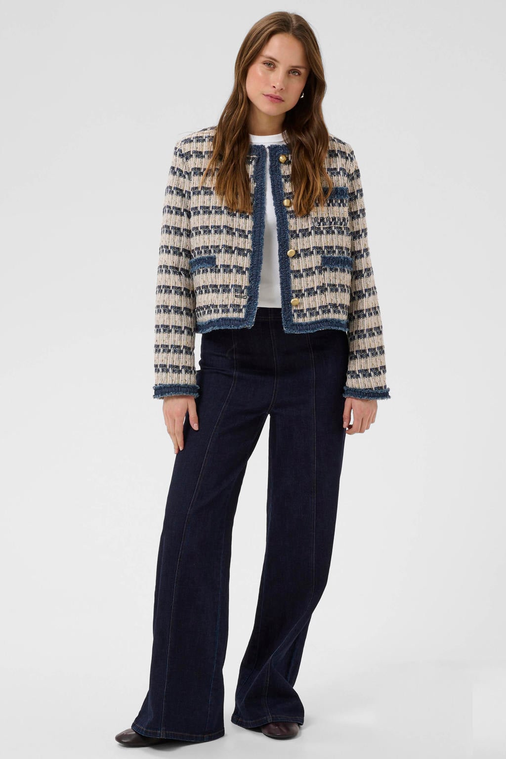 Lichtbruine dames Saint Tropez van tweed met strepenprint, lange mouwen en ronde hals