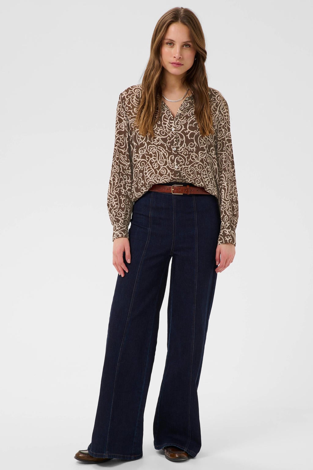 Bruine dames Saint Tropez van viscose met lange mouwen, klassieke kraag en knoopsluiting