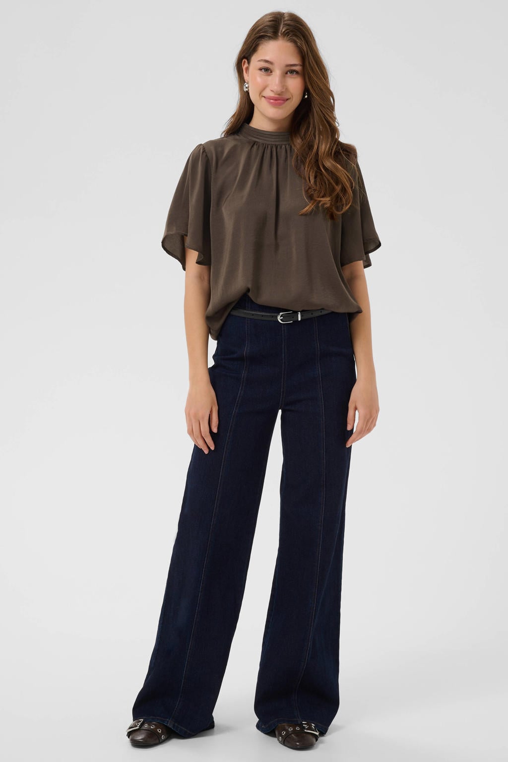 Donkerblauwe dames Saint Tropez blousetop van polyester met effen, korte mouwen, opstaande kraag, knoopsluiting en plooien