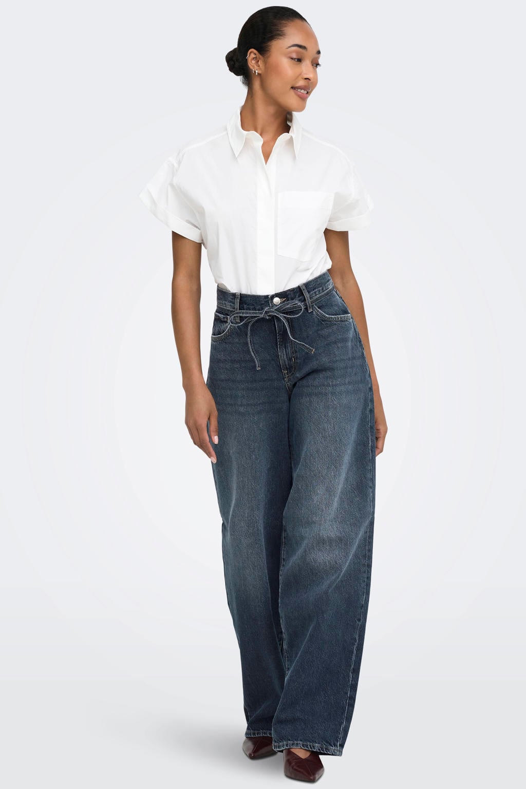 Dark blue denim dames ONLY Onlgianna Mw Straight Dnm Dot003 Noos barrel jeans met effen