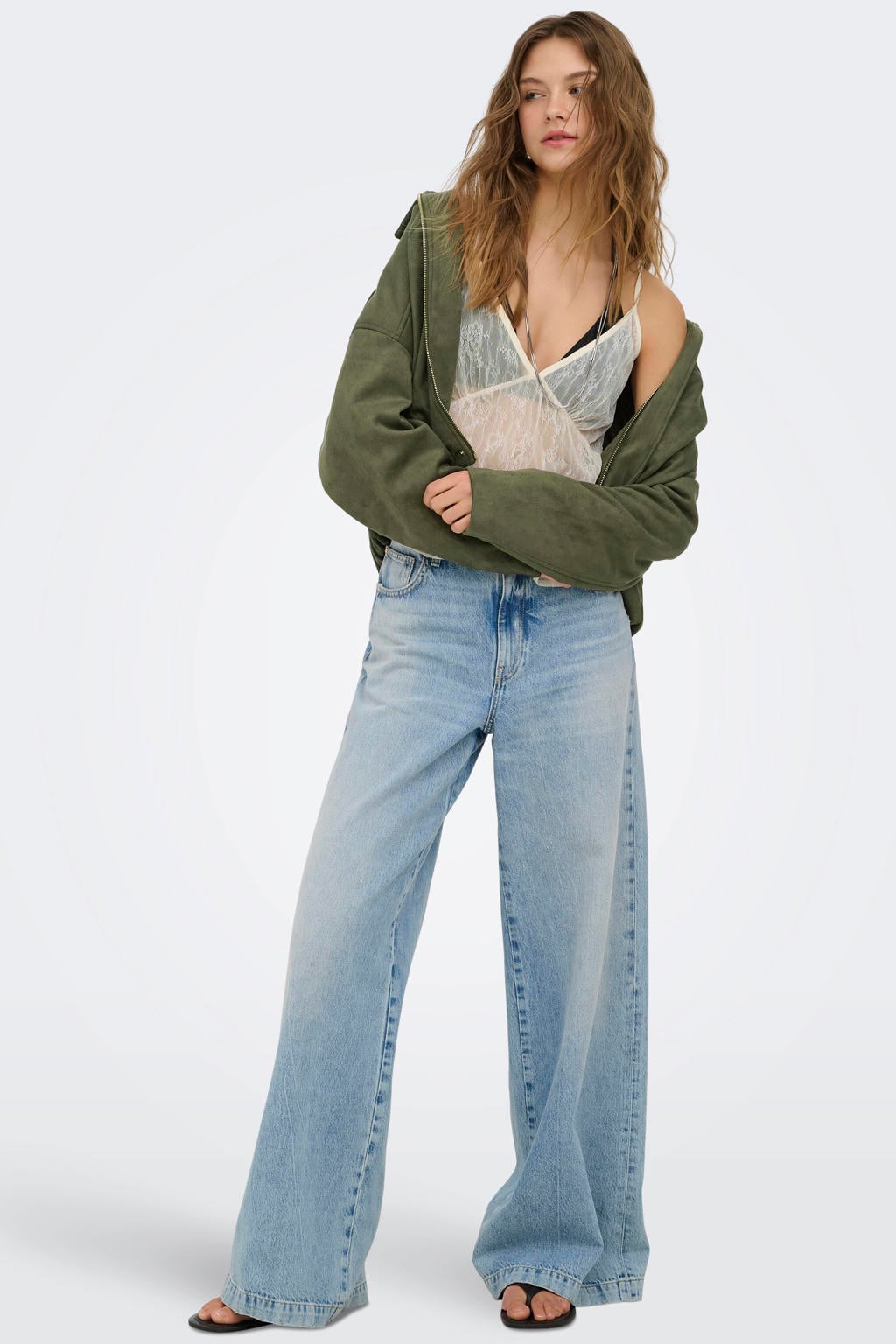 Groene dames ONLY bomberjack van polyester met effen, lange mouwen, widespread hals en ritssluiting