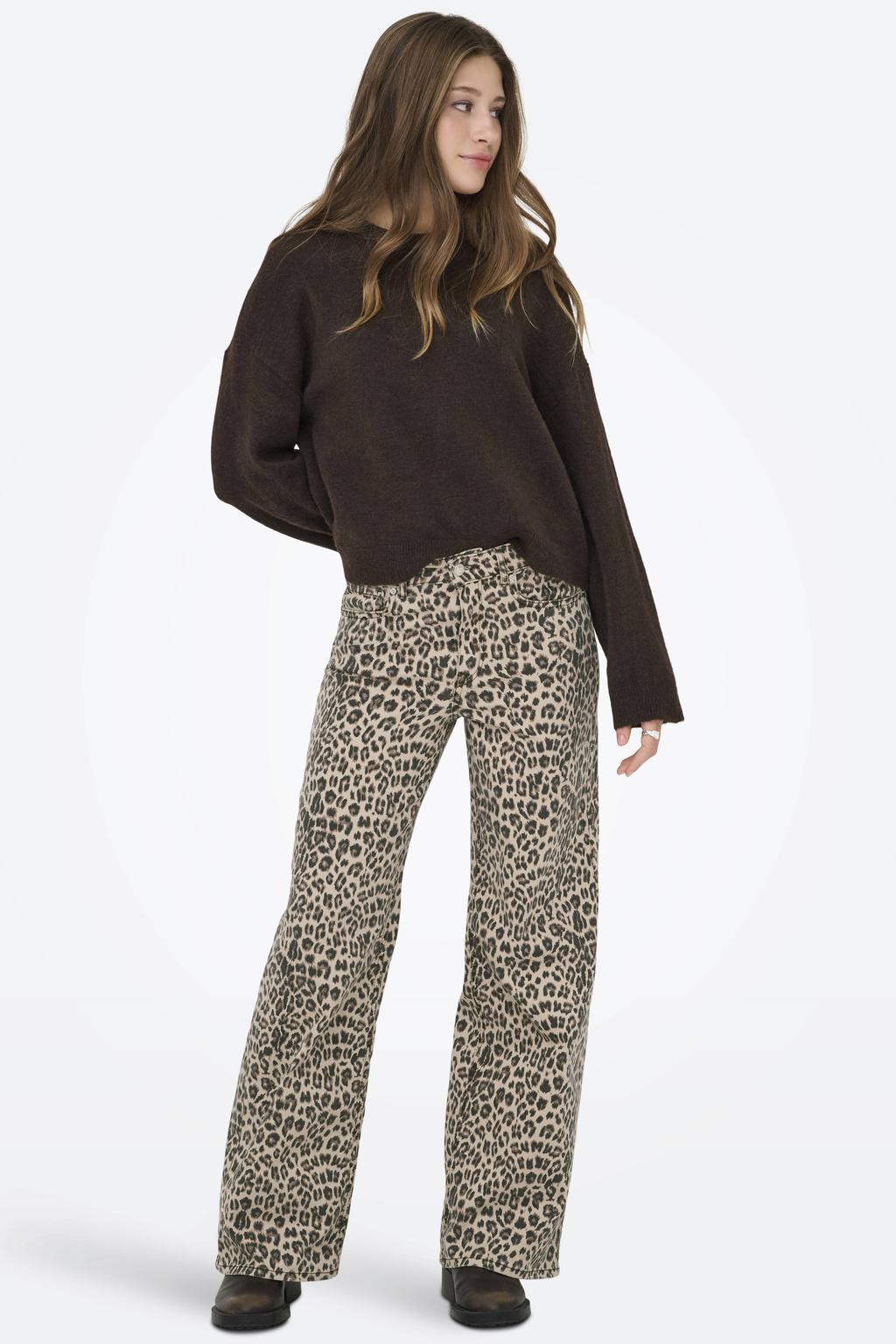 Bruine dames ONLY regular fit gebreide trui van acryl met effen, lange mouwen en ronde hals