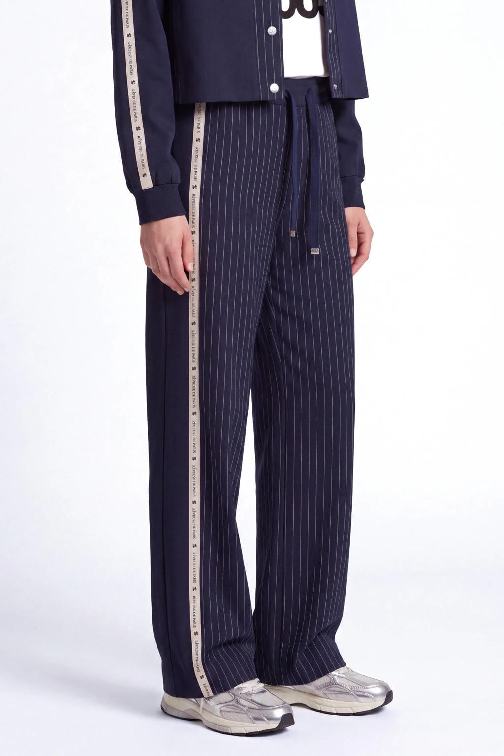 Donkerblauwe dames Florez wide leg casual broek met elastische tailleband met koord en krijtstreepprint
