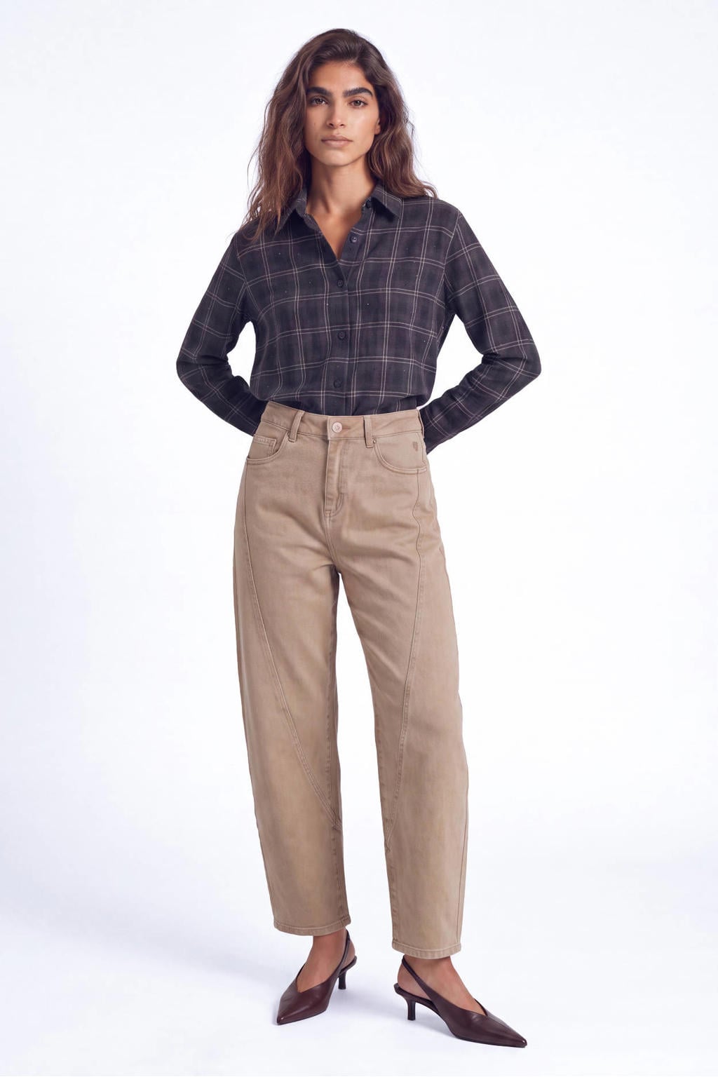 Donkerblauwe dames Florez geruite blouse van polyester met lange mouwen, klassieke kraag en knoopsluiting