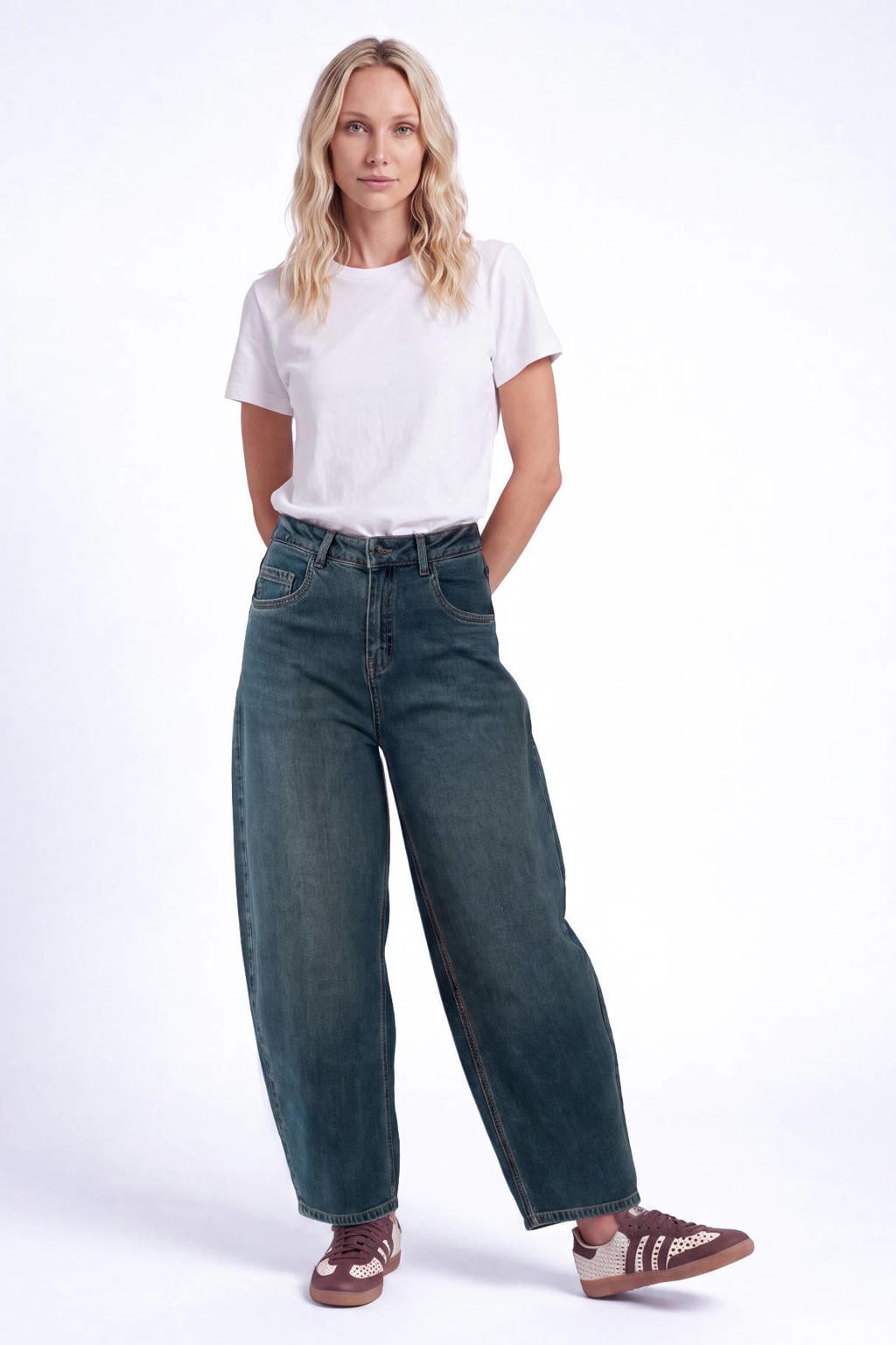 Dark blue denim dames Florez high waist barrel jeans van denim met rits- en knoopsluiting en effen