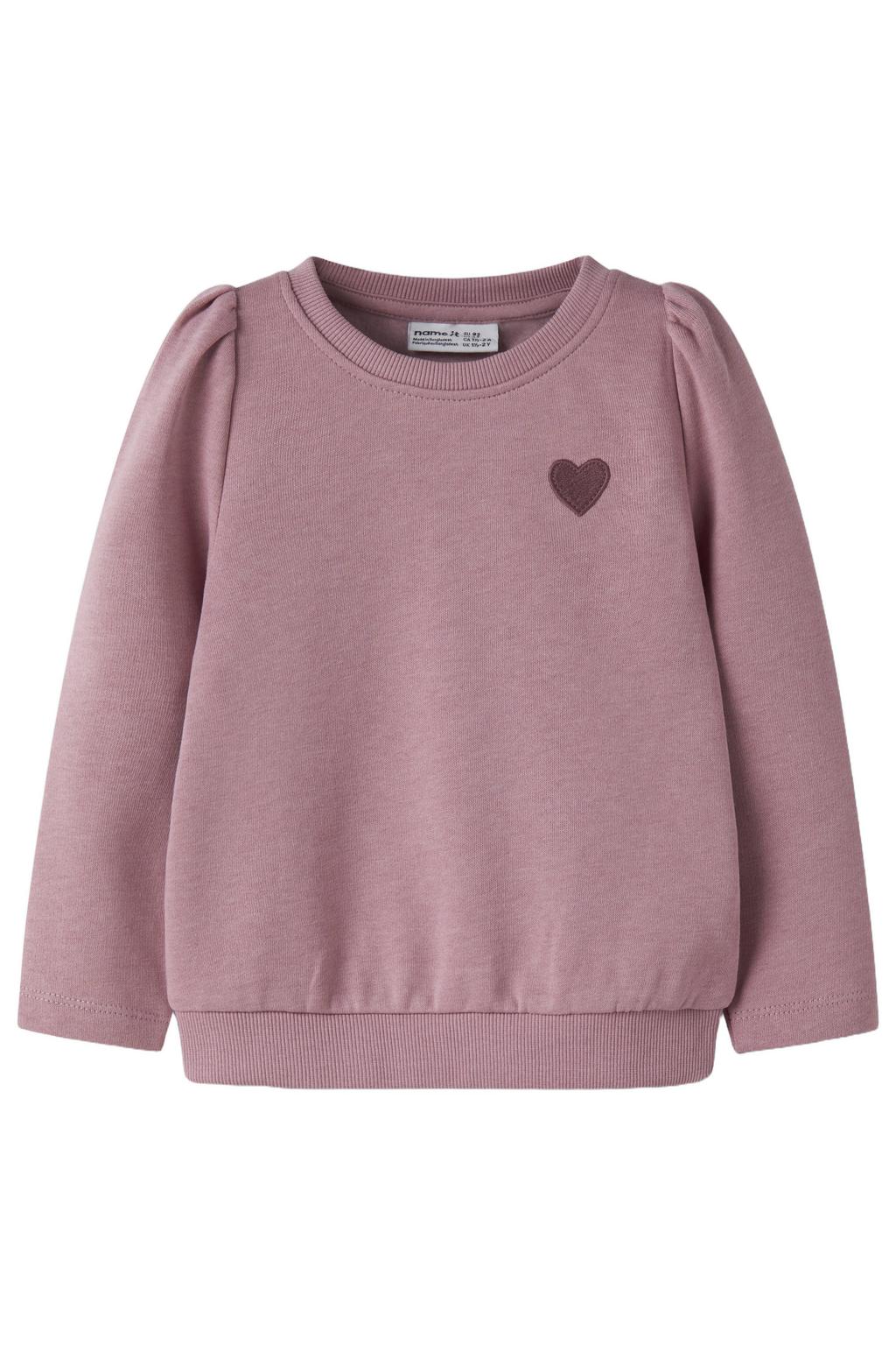 Oudroze meisjes NAME IT MINI rechtvallende sweater met effen, lange mouwen, ronde hals en borduursels