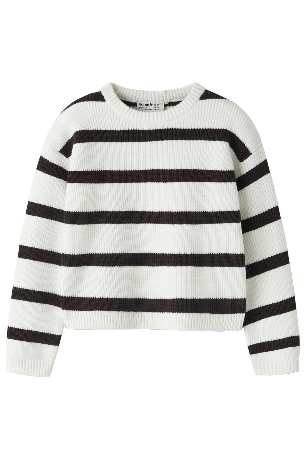 Wit en zwarte meisjes NAME IT MINI rechtvallende gebreide gestreepte trui van viscose met lange mouwen en ronde hals