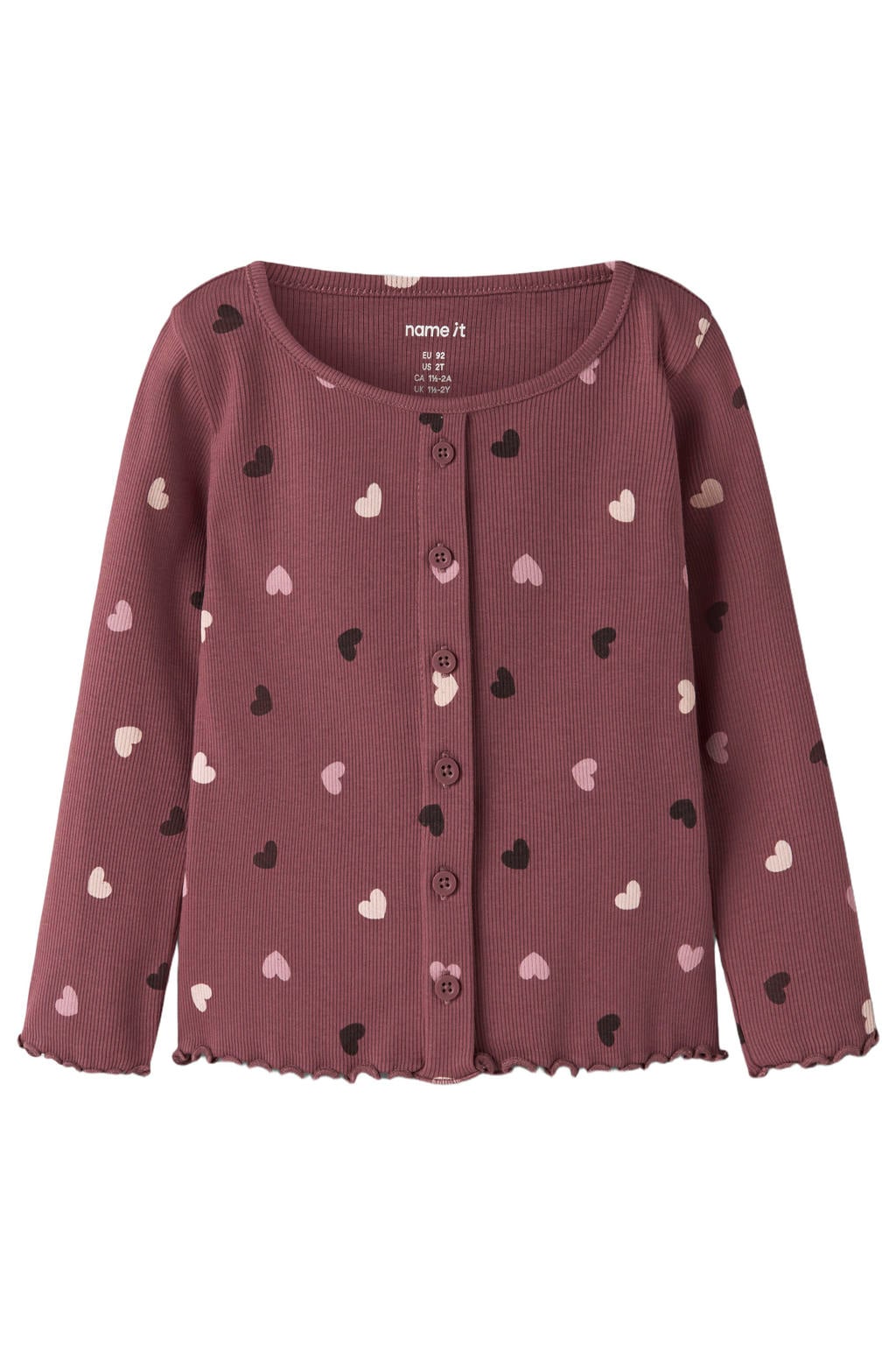 Roodbruine meisjes NAME IT MINI gebreide vest bruin met stippenprint, lange mouwen, ronde hals en knoopsluiting