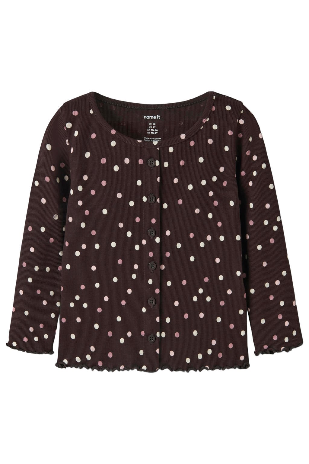 Bruine meisjes NAME IT MINI gebreide vest met stippenprint, lange mouwen, ronde hals en knoopsluiting