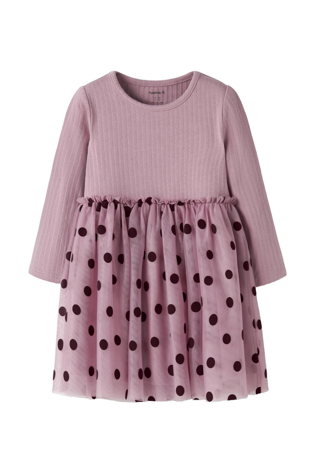 Roze meisjes NAME IT MINI gebreide midi jurk met stippen van katoen met lange mouwen, ronde hals en ruches