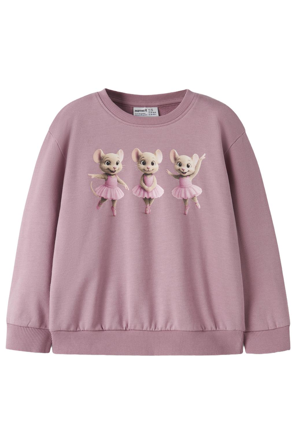 Oudroze meisjes NAME IT MINI sweater met printopdruk, lange mouwen en ronde hals