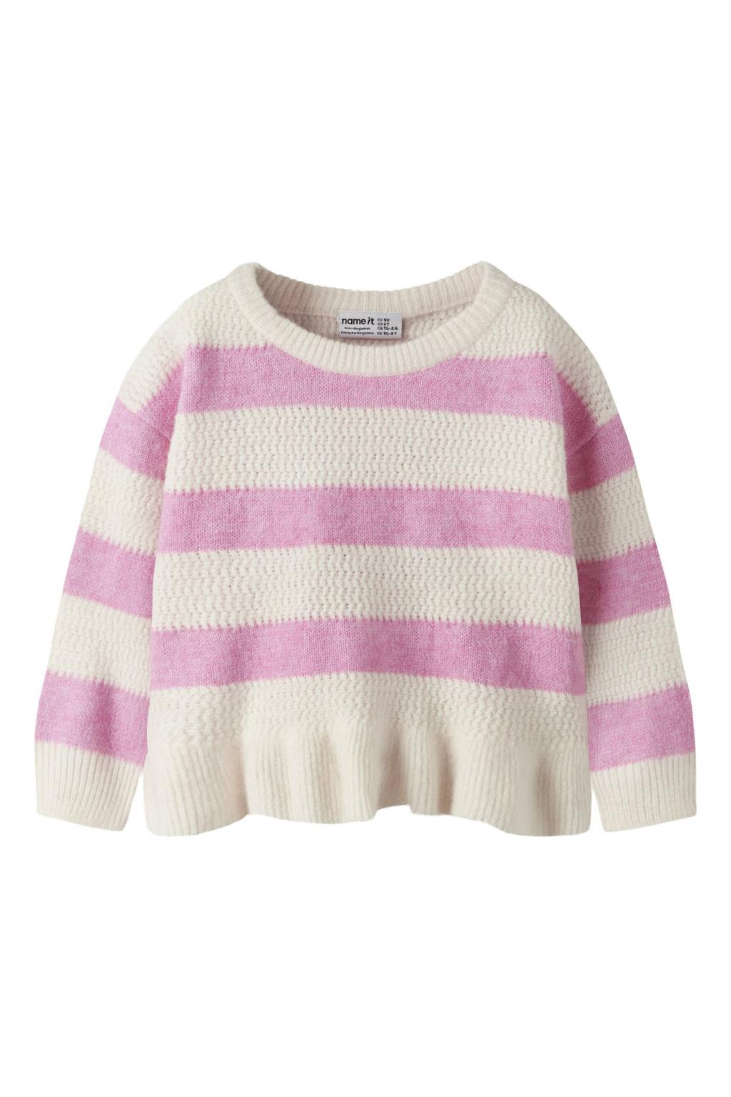 Wit en roze meisjes NAME IT MINI gebreide gestreepte trui van polyester met lange mouwen en ronde hals