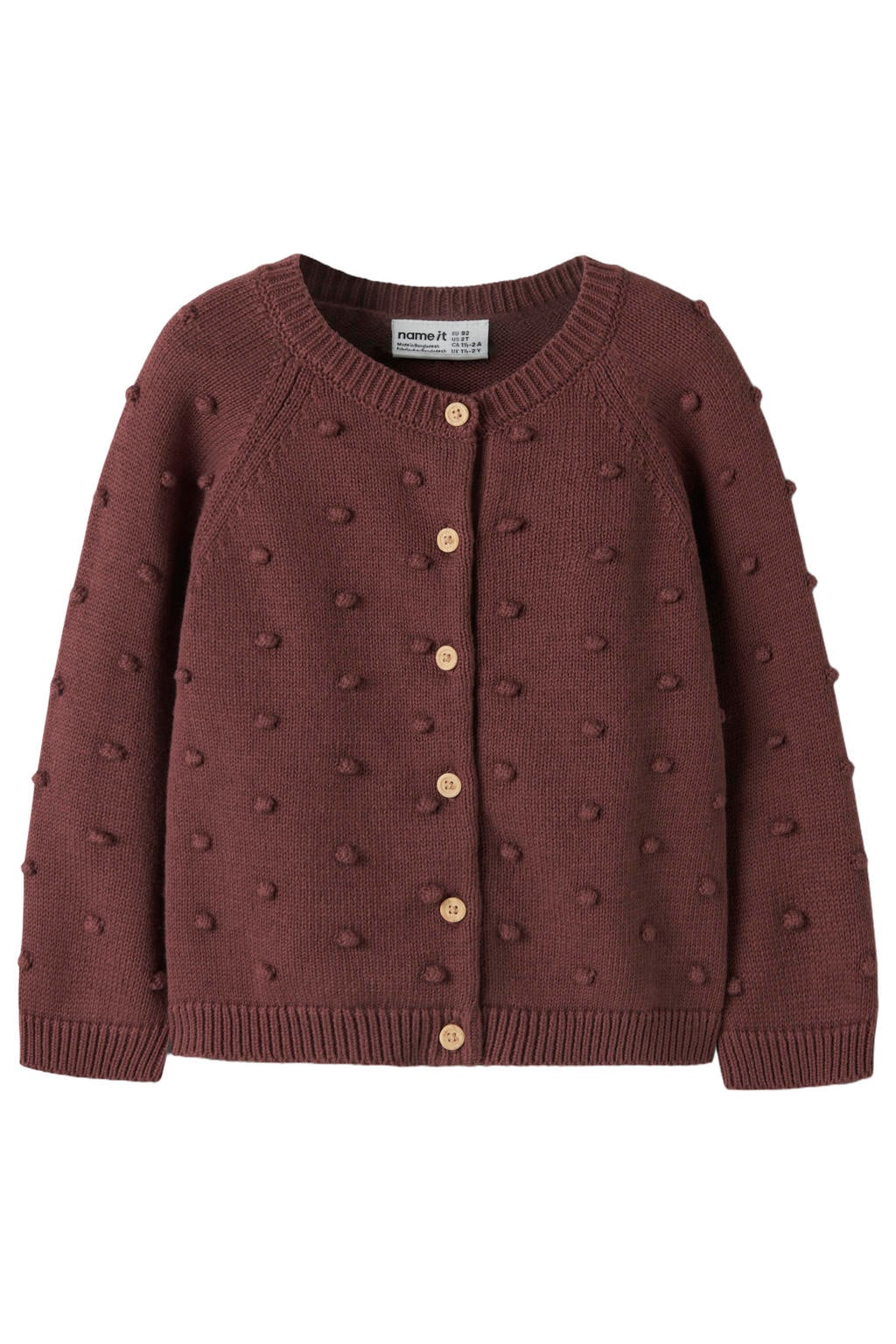 Roodbruine meisjes NAME IT MINI katoenen gebreide vest bruin met lange mouwen, ronde hals en knoopsluiting