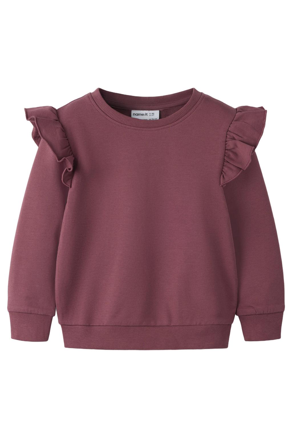 Donkerrode meisjes NAME IT MINI rechtvallende sweater met effen, lange mouwen, ronde hals en ruches