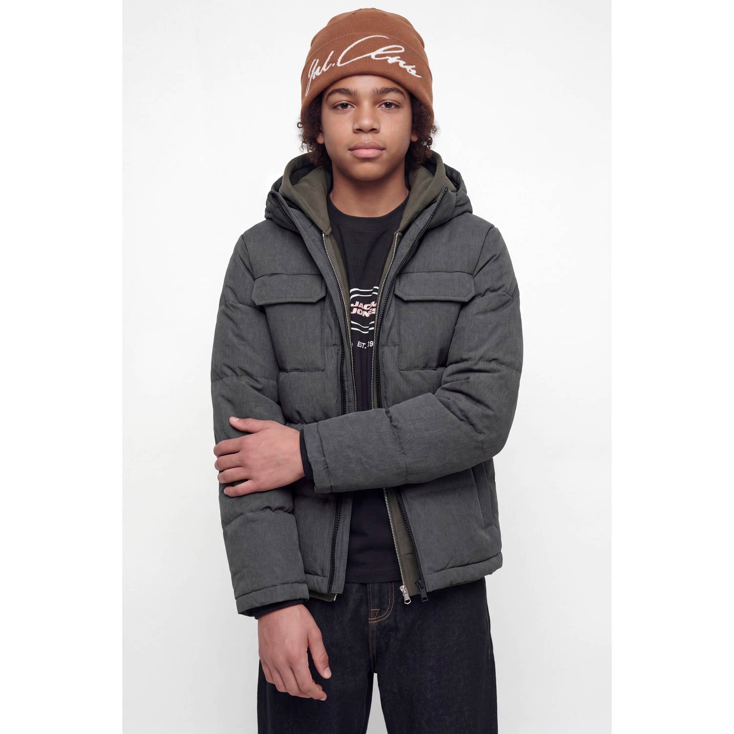 JACK & JONES JUNIOR gewatteerde winterjas antraciet