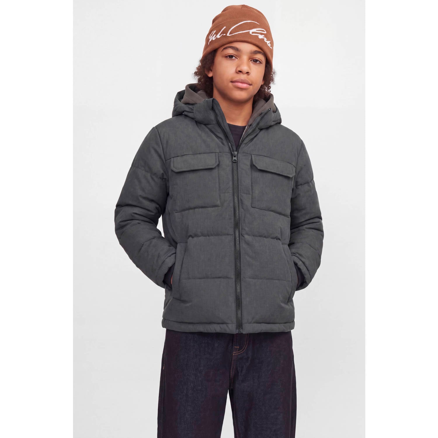 JACK & JONES JUNIOR gewatteerde winterjas antraciet