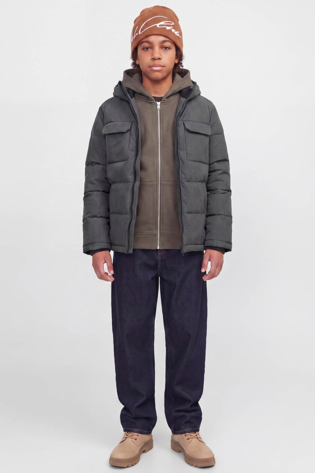 JACK & JONES JUNIOR gewatteerde winterjas - antraciet