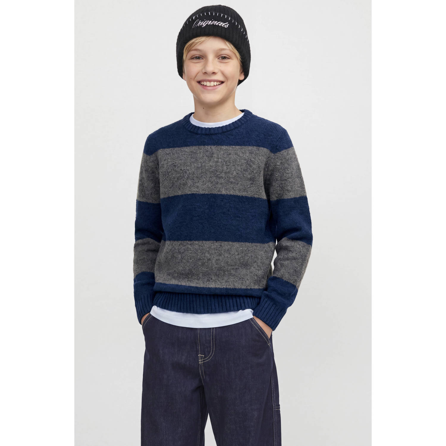 JACK & JONES JUNIOR gebreide gestreepte trui met wol donkerblauw