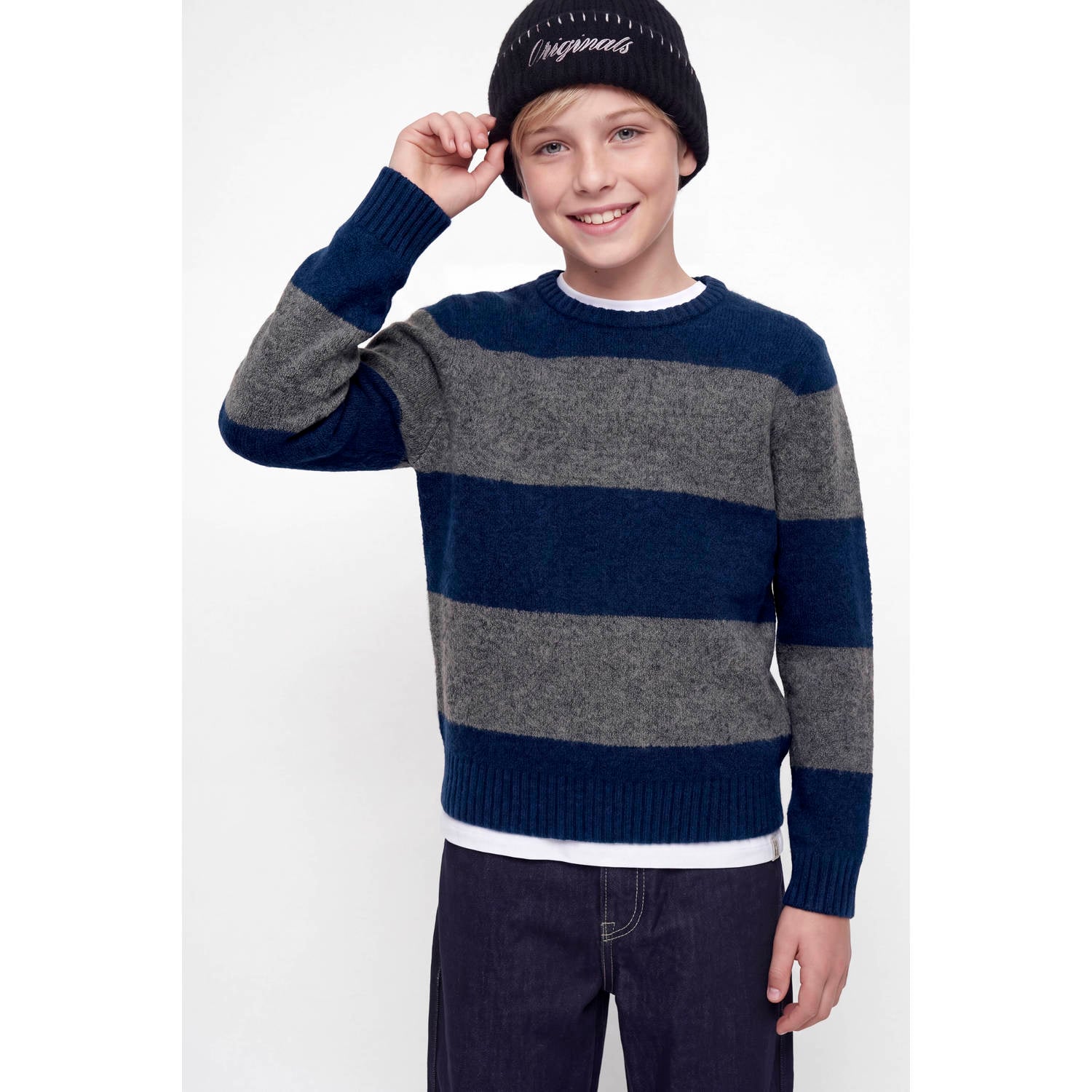 JACK & JONES JUNIOR gebreide gestreepte trui met wol donkerblauw
