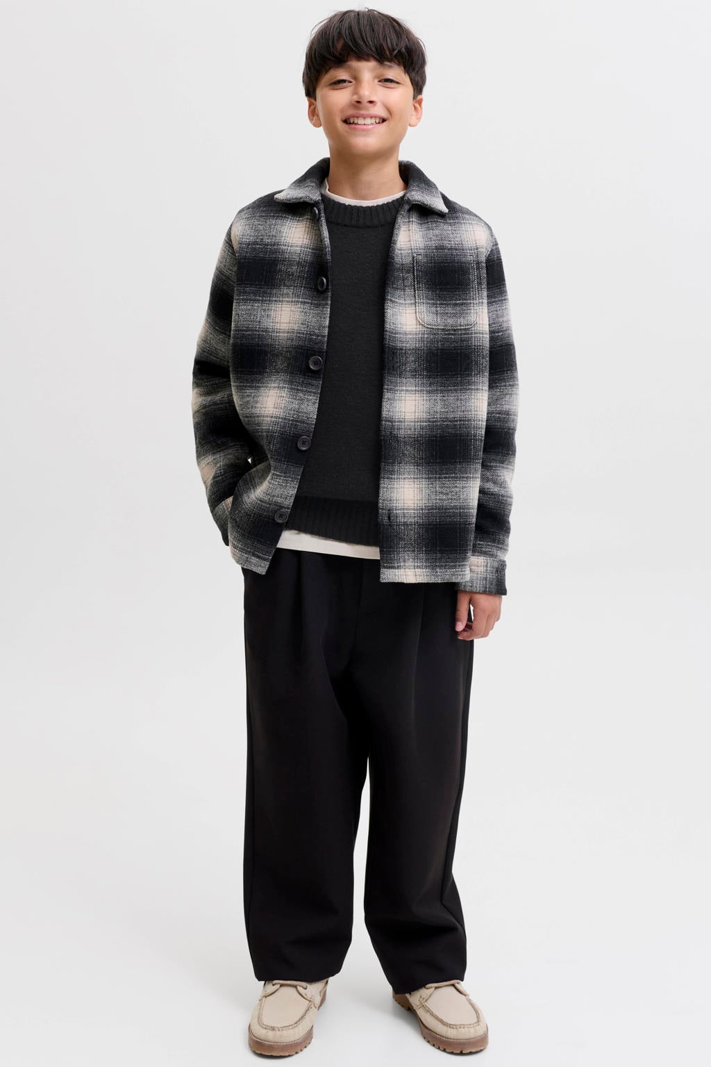 Zwarte jongens JACK & JONES JUNIOR gebreide trui van polyester met effen, lange mouwen en ronde hals