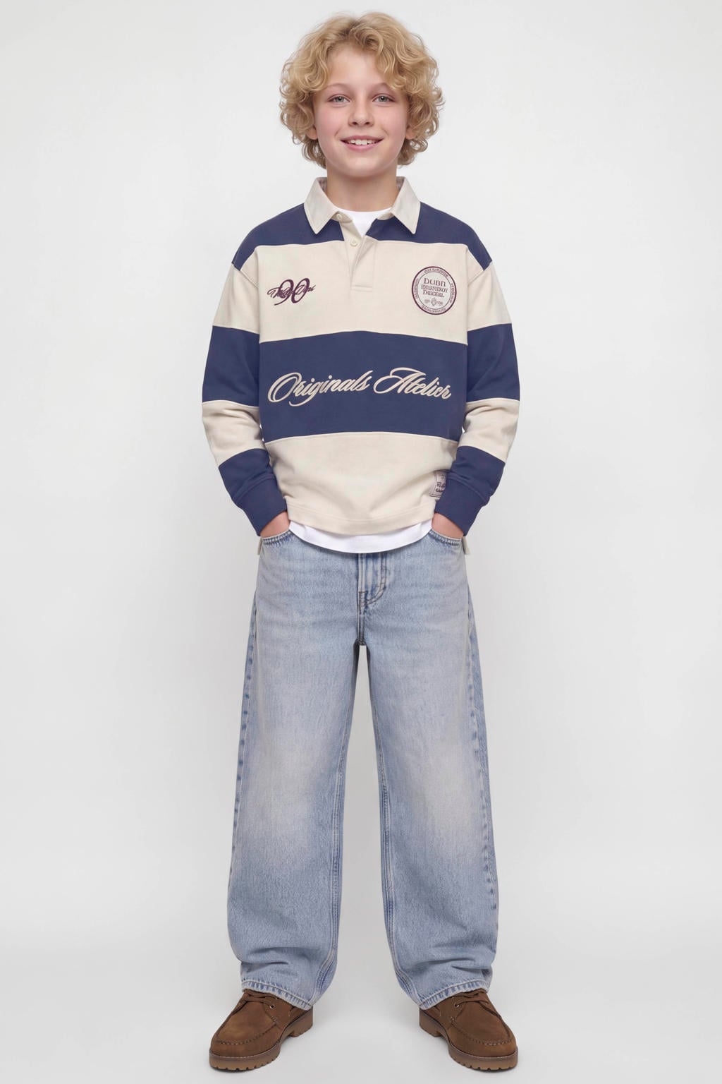 JACK & JONES JUNIOR gestreepte sweater met tekst - marineblauw/ecru