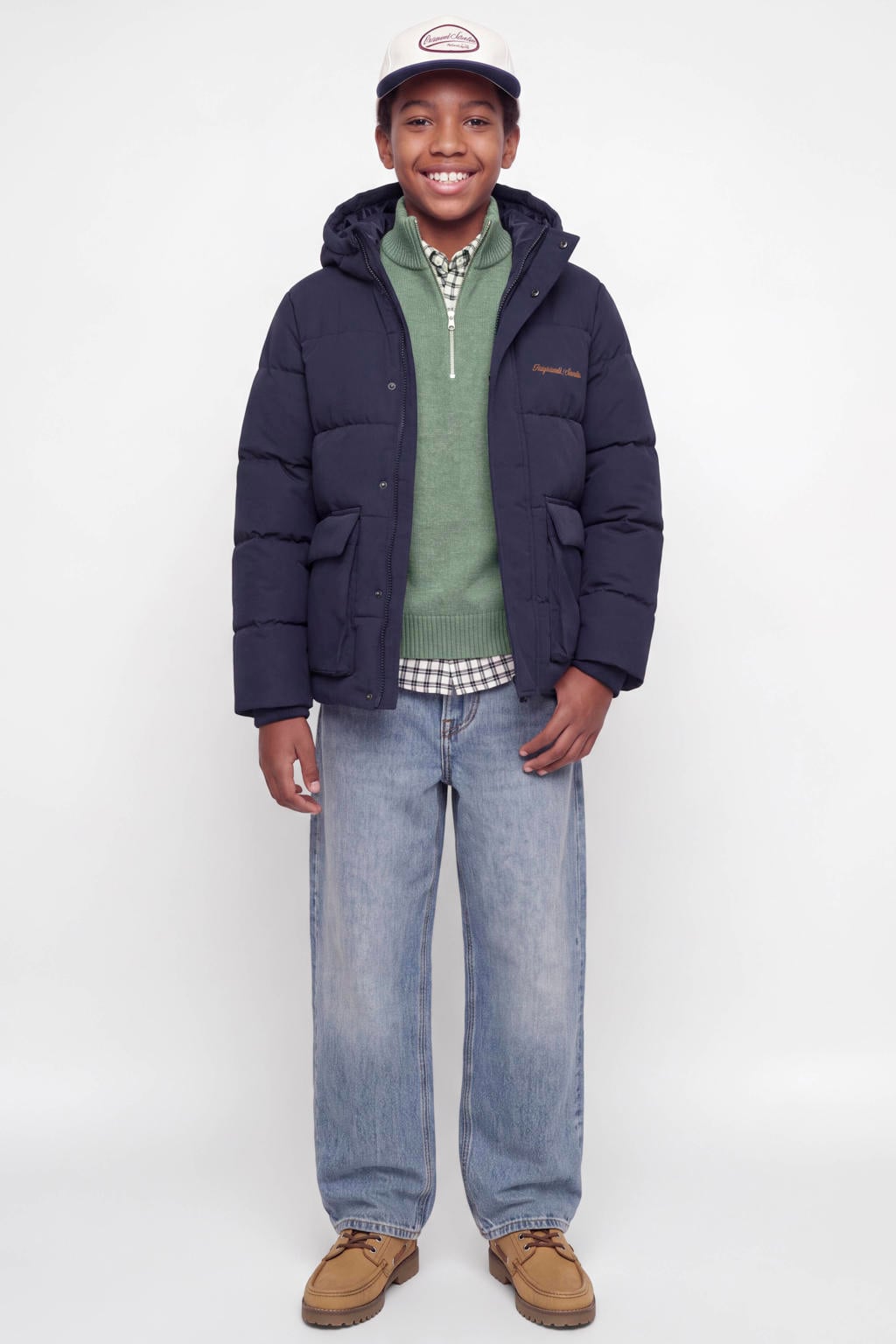 Groene jongens JACK & JONES JUNIOR gebreide trui van stretchkatoen met effen, lange mouwen, opstaande kraag, halve rits en borduursels