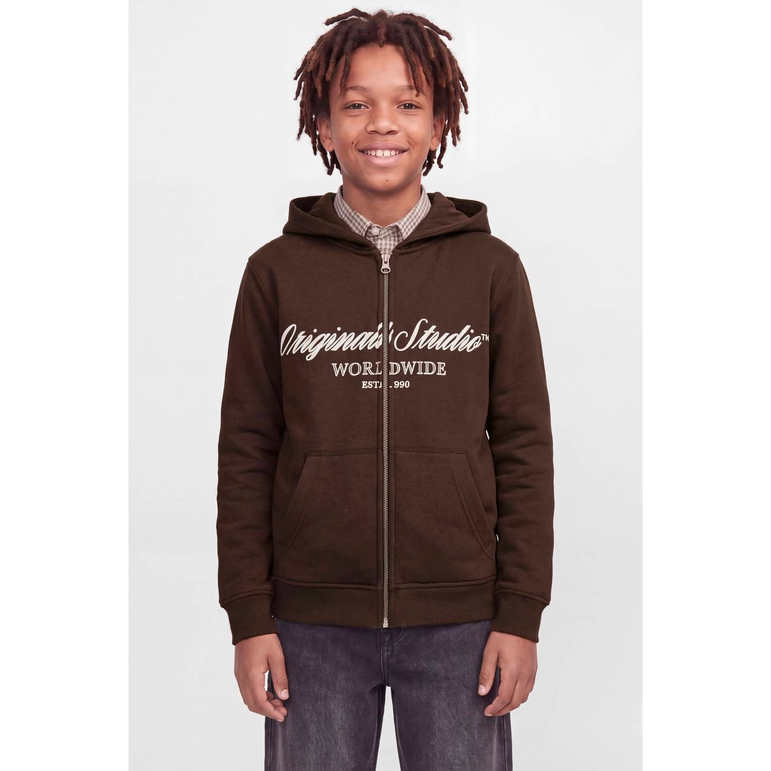 JACK & JONES JUNIOR sweatvest met logo donkerbruin