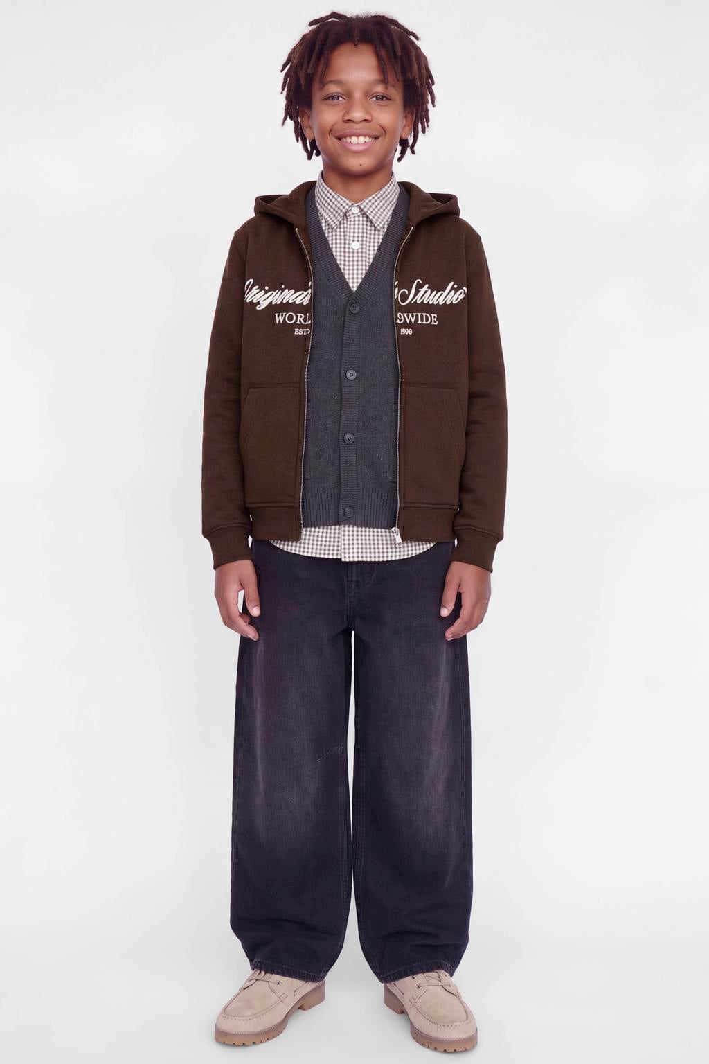 Donkerblauwe jongens JACK & JONES JUNIOR junior sweatvest met logo dessin, lange mouwen en capuchon