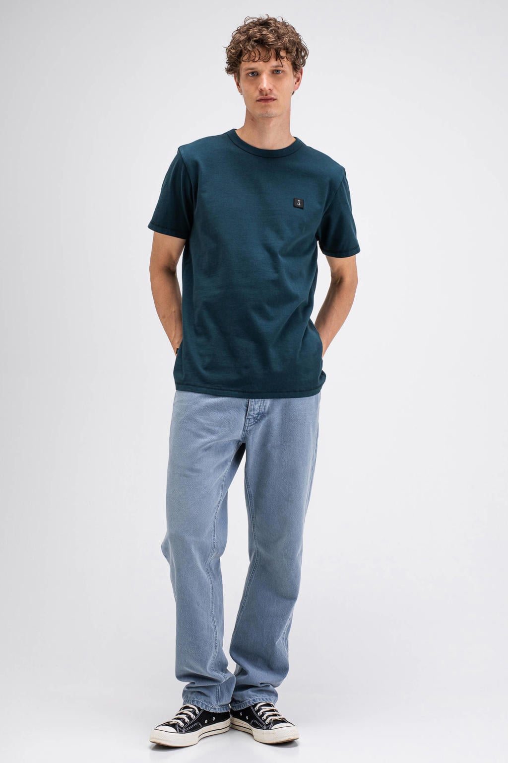Petrolkleurige heren Butcher of Blue regular fit T-shirt van katoen met effen, korte mouwen en ronde hals