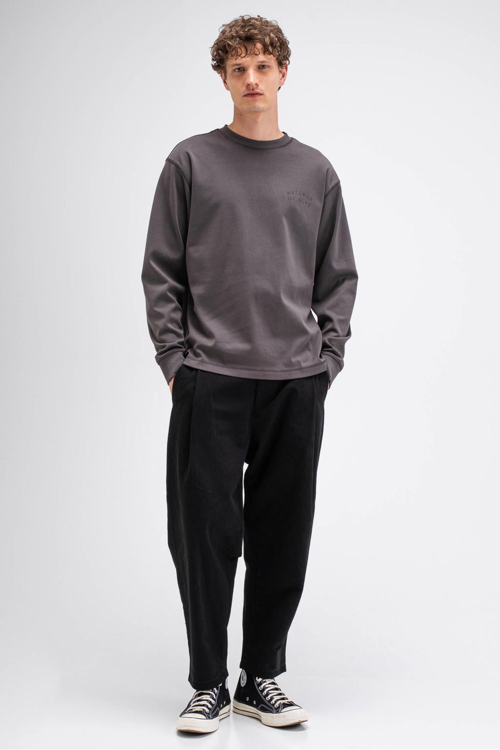 Grijze heren Butcher of Blue relaxed fit longsleeve van katoen met lange mouwen en ronde hals